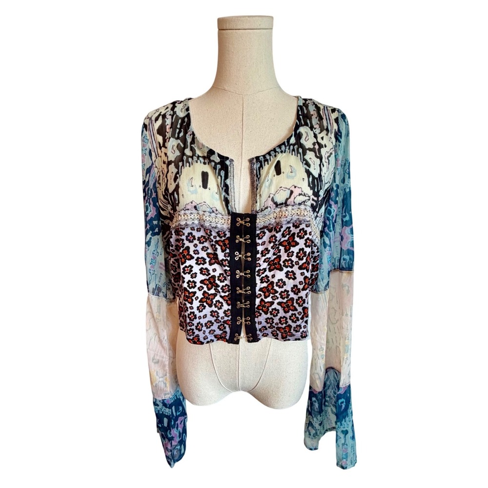 Free People Lavender Sky Combo Mixed Print Hook Eye Crop Boho Top Women's XL - Picture 1 of 9